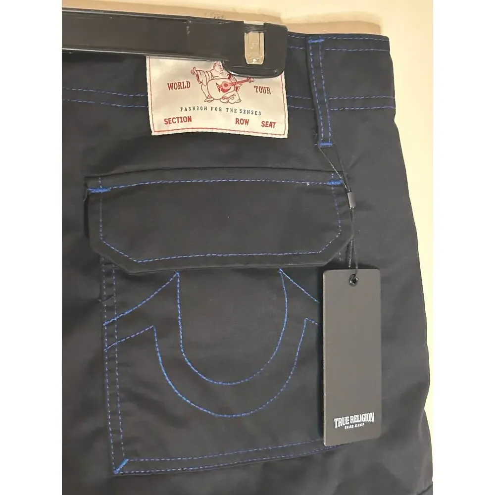 True Religion Baggy Cargo Pants Jet Black Pacific Blue Contrast Stitch 34 NWT